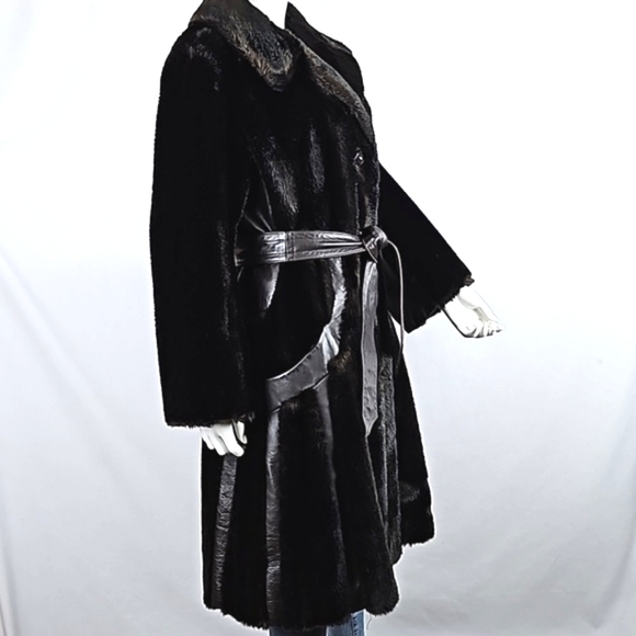Vintage Tissavel France Faux Fur & Leather Chocolate Brown 70s Glam Belted Coat - Picture 11 of 16